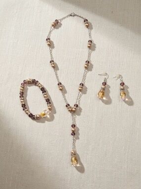 3pc Champagne Pearl & Brown Foil Glass Bead Lariat Jewelry Set
